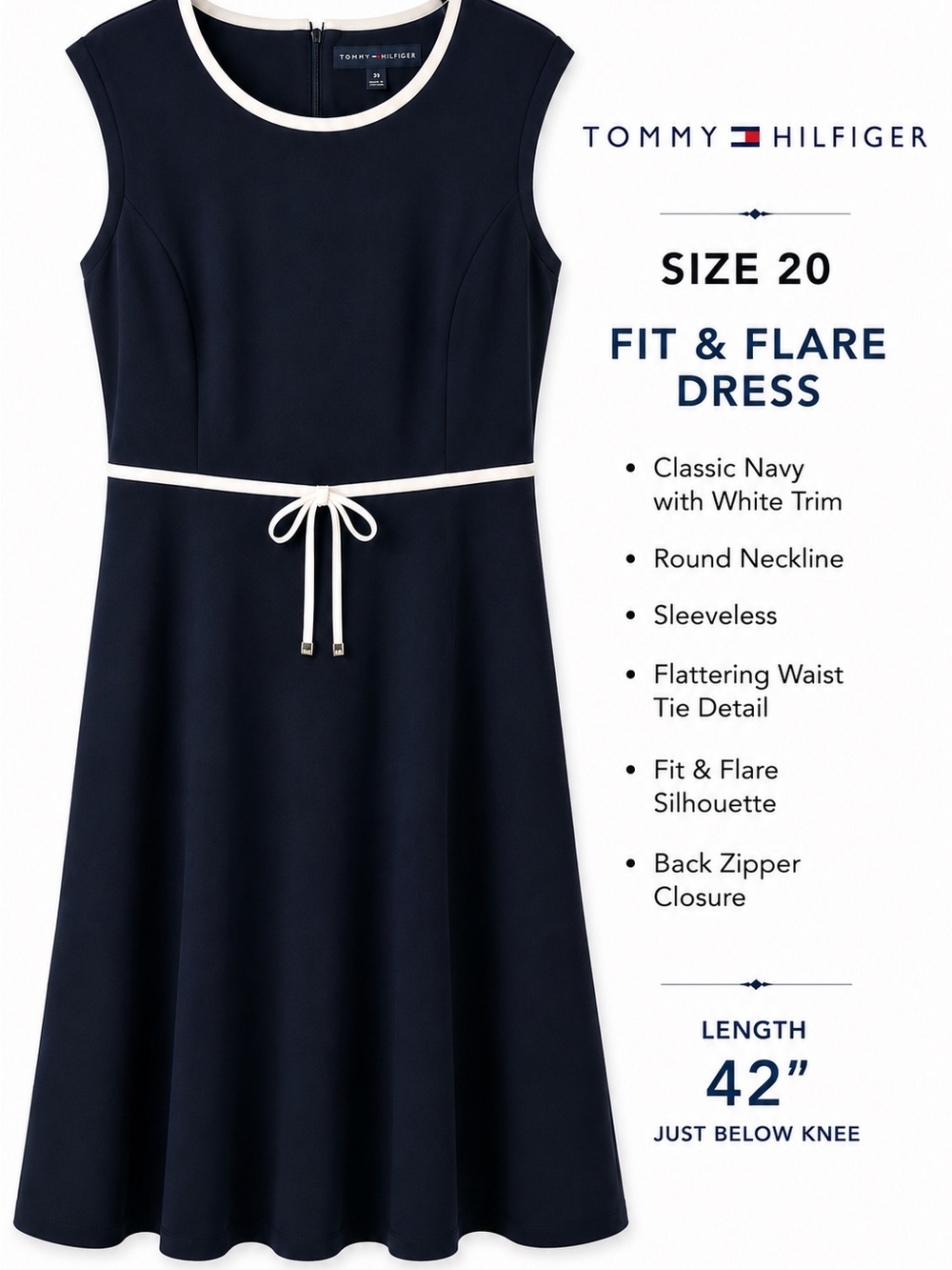 Tommy Hilfiger Navy Fit & Flare Dress Size 20 White Trim A-Line